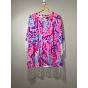 Lilly Pulitzer‎ Silk Kimono Tassel Fringe Pink Blue Purple Print S/M Oh My Guava